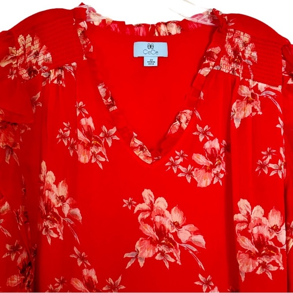 CeCe Chiffon Smocked Cap Sleeve V-Neck Red Floral Print Flutter Blouse Size 2X - Picture 5 of 12
